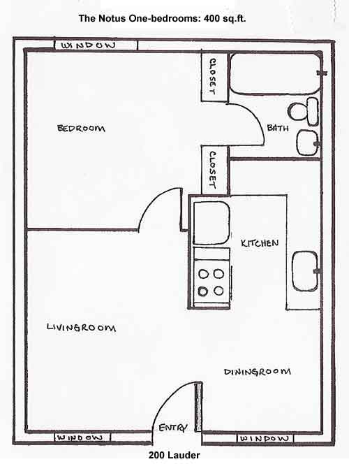 Floorplan of the one-bedrooms at The Notus Apartments on 200 Lauder Ave in Moscow, Id