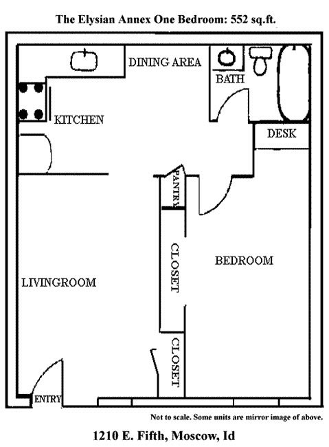 Floor plan of the one bedrooms at The ELysian Annex Apartments, on 1210 East Fifth Street in Moscow, Id