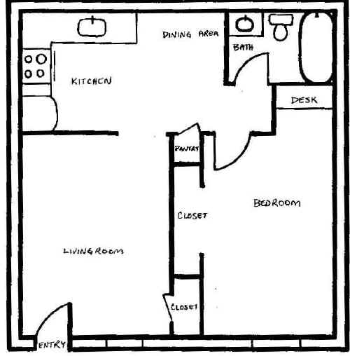 Floor plan of a one-bedroom apartment at The Elysian Fourplexes in Moscow, Id