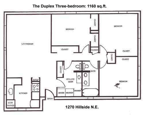 Floor plan of the three-bedroom duplex on 1270 Hillside Drive in Pullman, Wa