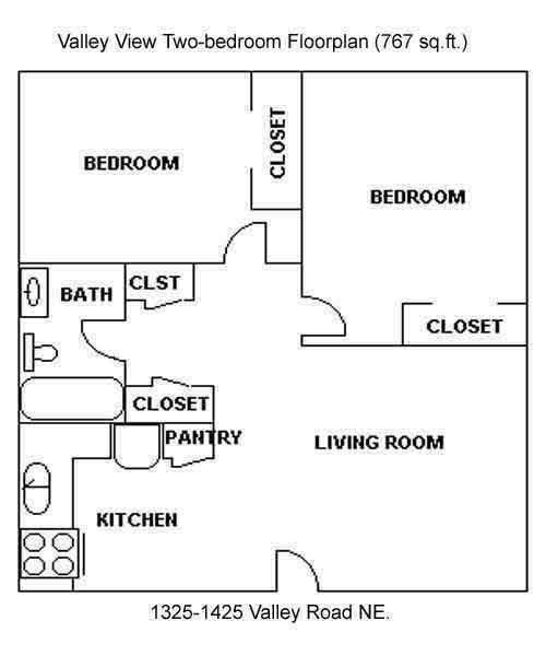 Floor plan of a one-bedroom at The Valley View Apartments, 1325 Valley Road, Pullman, Wa