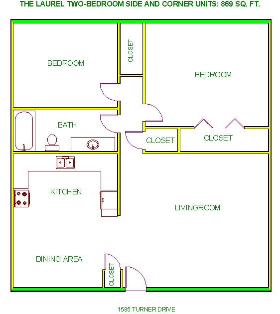 Floor plan of the two-bedroom at The Laurel Apartments, 1585 Turner Drive in Pullman, Wa