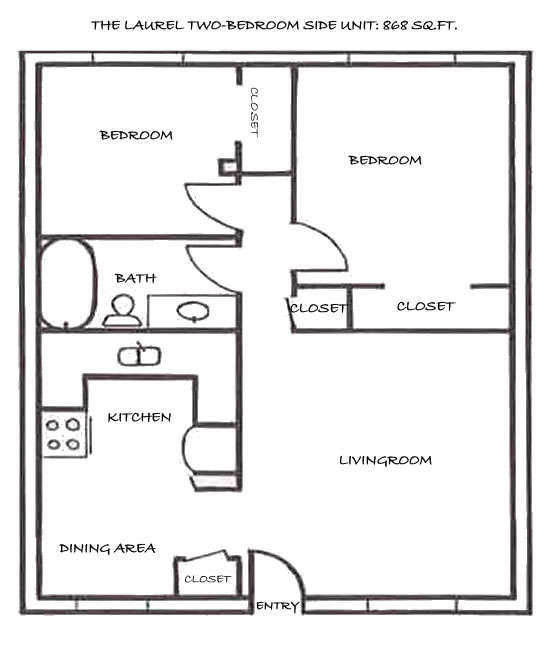 Floor plan of the two-bedroom at The Laurel Apartments, 1585 Turner Drive in Pullman, Wa