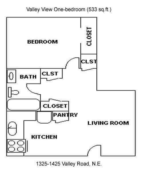 Floor plan of a one-bedroom at The Valley View Apartments, 1325 Valley Road, Pullman, Wa