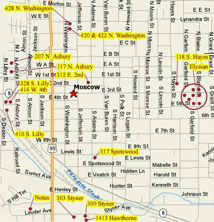 This image shows a map of Moscow, Id with hyperlinks to all Apartment Rentals properties